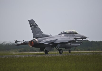 A South Carolina Air National Guard F-16D Fighting Falcon from the 169th Fighter Wing takes off for a flight during a three-day Aeropsace Control Alert CrossTell live-fly training exercise at Atlantic City Air National Guard Base, N.J., May 23, 2017. Representatives from the Air National Guard fighter wings, Civil Air Patrol, and U.S. Coast Guard rotary-wing air intercept units will conduct daily sorties from May 23-25 to hone their skills with tactical-level air-intercept procedures. (U.S. Air National Guard photo by Master Sgt. Matt Hecht/Released)
