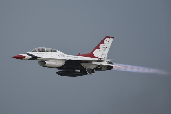 Miss Oklahoma 2016, Sarah Klein, rides in the backseat of a Thunderbirds F-16D in full afterburner with LtC. Kevin Walsh, Thunderbirds operations officer, at the controls during an orientation flight prior to Tinker Air Force Base's Star Spangled Salute air show May 18, 2017, Tinker Air Force Base, Oklahoma. Klein pulled 9.2 Gs in her flight which lasted just over one hour. (U.S. Air Force photo/Greg L. Davis)