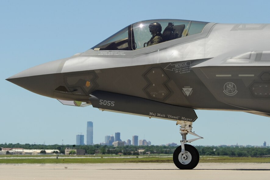 F-35A Lightning II of the 61st Fighter Squadron, 56th Fighter Wing, Luke Air Force Base, Arizona, taxis with the iconic skyline of downtown Oklahoma City, Oklahoma, visible in the background to begin the jets performance at Tinker Air Force Base's Star Spangled Salute air show May 20, 2017, Tinker Air Force Base, Oklahoma. The 56th Fighter Wing is an Air Education and Training Command unit equipped with F-16 Fighting Falcon and F-35A Lightning II jets for initial and refresher training of pilots on the respective airframes. (U.S. Air Force photo/Greg L. Davis)