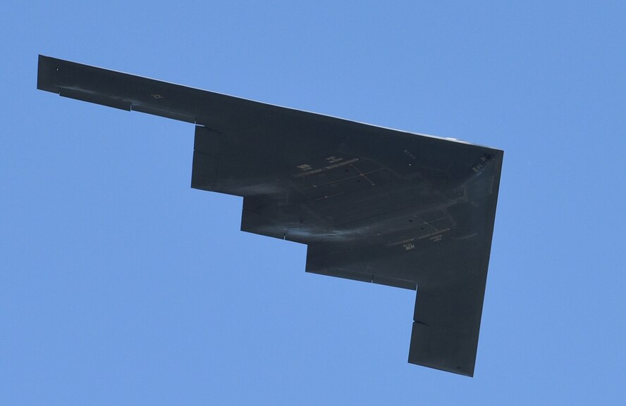 The B-2A Spirit flies over Tinker Air Force Base, Oklahoma, during Star Spangled Salute May 20, 2017. (Air Force photo by April McDonald)