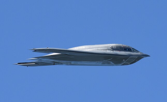 The B-2A Spirit flies over Tinker Air Force Base, Oklahoma, during Star Spangled Salute May 20, 2017. (Air Force photo by April McDonald)