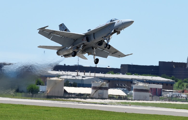 The F-18A Legacy Hornet takes off during the 2017 Star Spangled Salute Air Show May 20, 2017, at Tinker Air Force Base, Oklahoma. (Air Force photo by April McDonald)