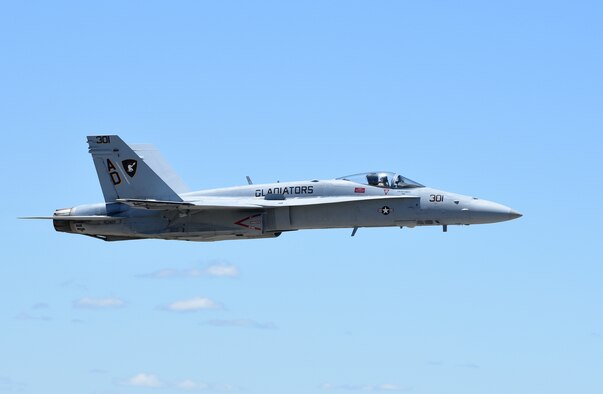 The F-18A Legacy Hornet soars through the Oklahoma sky during the 2017 Star Spangled Salute Air Show May 20, 2017, at Tinker Air Force Base, Oklahoma. (Air Force photo by April McDonald)