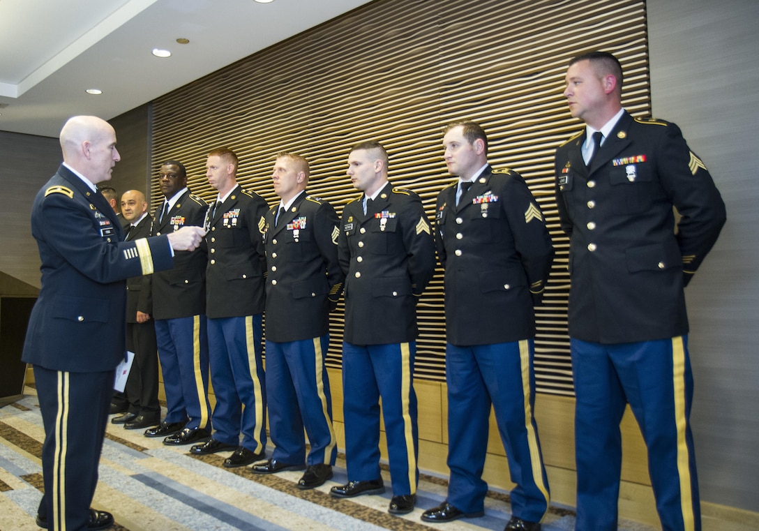 Brig. Gen. Rodney Fogg, commandant of the U.S. Army Quartermaster School, speaks to the winners of the The Philip A. Connelly Awards during a ceremonial dinner in Chicago, Illinois on May 19, 2017. The Department of the Army’s Connelly Awards is an annual military competition, which uses military and civilian evaluators from the National Restaurant Association to recognize military units for excellence in Army food service. This year’s winner was the 391st MP Bn., under the 200th MP Command, representing the U.S. Army Reserve. Winning teams from the active components and National Guard also attended the dinner. (U.S. Army Reserve photo by Maj. Saphira Ocasio)