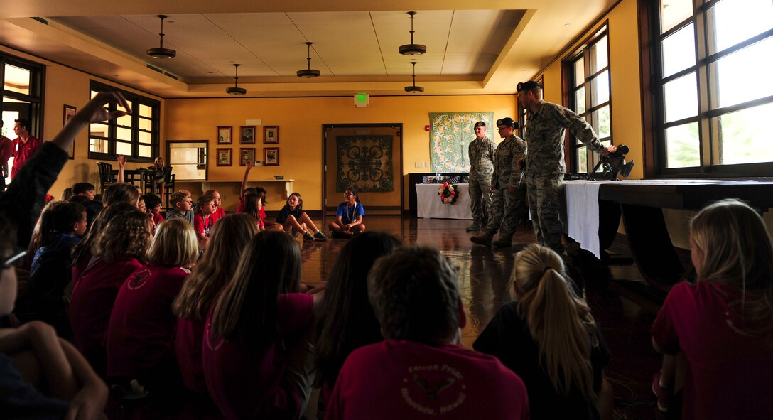 Joint Base Security Forces (JBSF) Airmen answer children’s questions about weapons during the Police Week public demonstration, on Joint Base Pearl Harbor-Hickam, Hawaii, May 17, 2019. According to the National Peace Officer’s Memorial Fund website, National Police Week was established in 1962 by President John F. Kennedy to pay tribute to law enforcement officers who lost their lives in the line of duty. Ceremonies and observances are held annually throughout the U.S. in remembrance of fallen officers.  (U.S. Air Force photo by Tech. Sgt. Heather Redman)