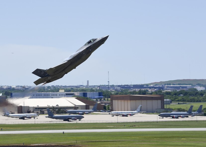 An F-35A Lightning II takes flight during the 2017 Star Spangled Salute air show at Tinker AFB May 21.  The joint strike fighter was one of more than 50 statics and aerial acts on display for the air show as record crowds helped Tinker celebrate its 75th anniversary as well as the Air Force 70th birthday.  (U.S. Air Force photo/Mark Hybers)