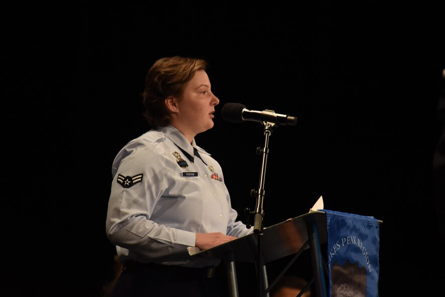 Airman 1st Class Marissa Pederson, 50th Security Forces Squadron, explains the symbolism of the flag folding during the Officer’s Memorial Day service at New Life Church in Colorado Springs, Colorado, Friday, May 19, 2017. The 50 SFS and other security forces squadrons, as well as local law enforcement officers throughout the area attended the event to recognize the service and sacrifice of those who have fallen. (U.S. Air Force photo/Airman 1st Class William Tracy)
