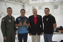 Col. Houston Cantwell, 49th Wing commander, Shaun “Nytfury” Taylor, 1st place 2016 Drone Racing Worlds Championship, retired Gen. John Jumper, former U.S. Air Force chief of staff, and Gary Crouse, 1st place team 2016 Spaceport Drone Race, pose for a picture prior to a virtual drone racing demonstration on Holloman Air Force Base, N.M., May 19, 2017. During Jumper’s visit he was updated on current Remotely Piloted Aircraft training, given a look into the possibilities of future unmanned aircraft technology, and a virtual drone racing obstacle course demonstration. Jumper is most known within the RPA community for his work arming the MQ-1 Predator. (U.S. Air Force Photo by Senior Airman Chase Cannon)