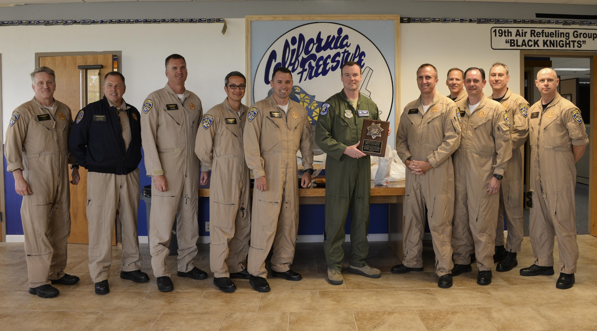 California Highway Patrol Officers fly aboard a KC-10 Extender May 11 at Travis Air Force Base, Calif. CHP were able to fly on a regularly scheduled training mission with the 6th Air Refueling Squadron to familiarize themselves with the Travis mission and air space. (U.S. Air Force photo by Senior Airman Amber Carter)