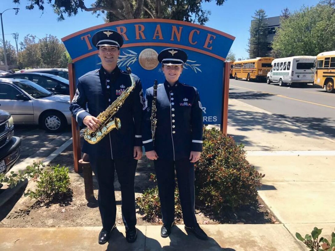 SMSgt Jake McCray and TSgt Sara Reese are spending their week touring the state of California augmenting the USAF Band of the Golden West, including marching yesterday in the the 57th annual Armed Forces Day Parade in Torrance, California. (U.S. Air Force photos/SrA Alaina Shaw/released)