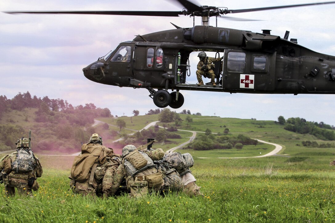 Soldiers conduct an air medical evacuation exercise during training in Grafenwoehr, Germany, May 22, 2017. Around 600 soldiers participated in the training, which tested the ability to deploy worldwide on short notice. Army photo by Staff Sgt. Kathleen V. Polanco