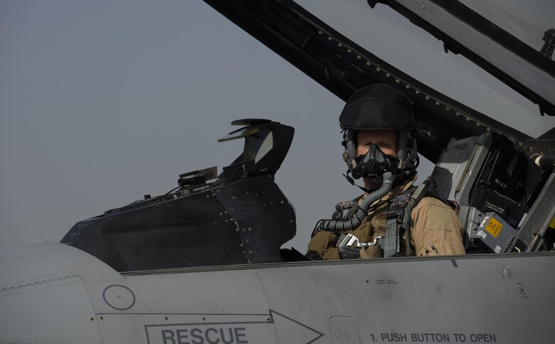 Brig. Gen. Jim Sears, commander of the 455th Air Expeditionary Wing, prepares for takeoff prior to conducting his fini flight at Bagram Airfield, Afghanistan, May 22, 2017. During the flight, Sears patrolled the skies with his wingman, engaging enemy ground forces from above to support coalition and Afghan troops. (U.S. Air Force photo by Staff Sgt. Benjamin Gonsier)