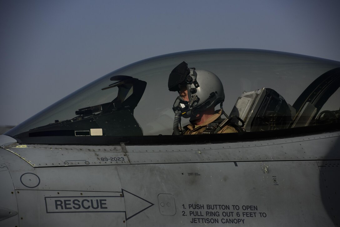 Brig. Gen. Jim Sears, commander of the 455th Air Expeditionary Wing, prepares for takeoff prior to conducting his fini flight at Bagram Airfield, Afghanistan, May 22, 2017. During the flight, Sears patrolled the skies with his wingman, engaging enemy ground forces from above to support coalition and Afghan troops. (U.S. Air Force photo by Staff Sgt. Benjamin Gonsier)