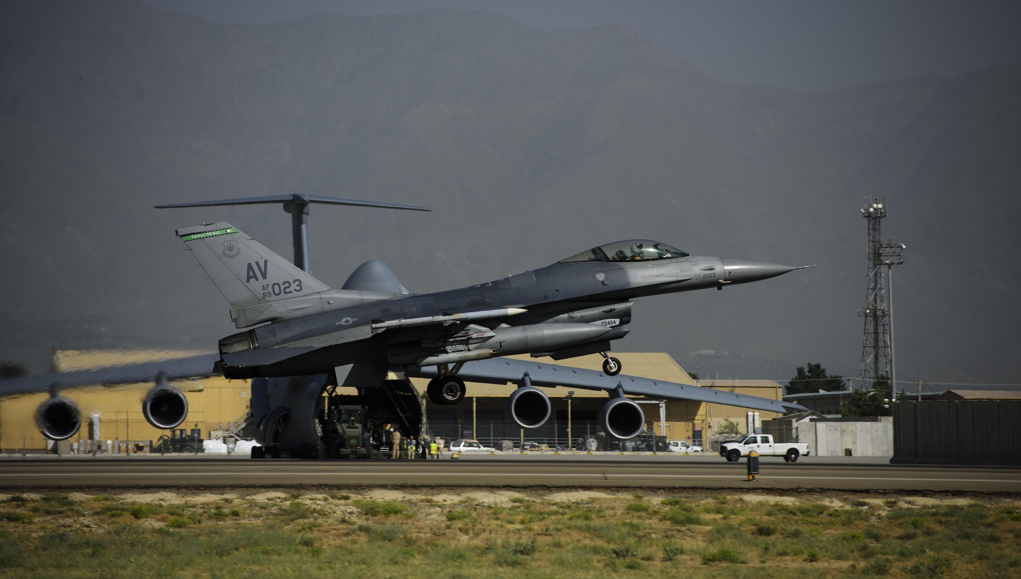 An F-16 Fighting Falcon, piloted by Brig. Gen. Jim Sears, takes off from Bagram Airfield, Afghanistan, May 22, 2017. Sears has served as the commander of the 455th Air Expeditionary Wing for the last 12 months and will soon depart Afghanistan to continue his Air Force career. During the flight, Sears patrolled the skies with his wingman, engaging enemy ground forces from above to support coalition and Afghan troops. (U.S. Air Force photo by Staff Sgt. Benjamin Gonsier)
