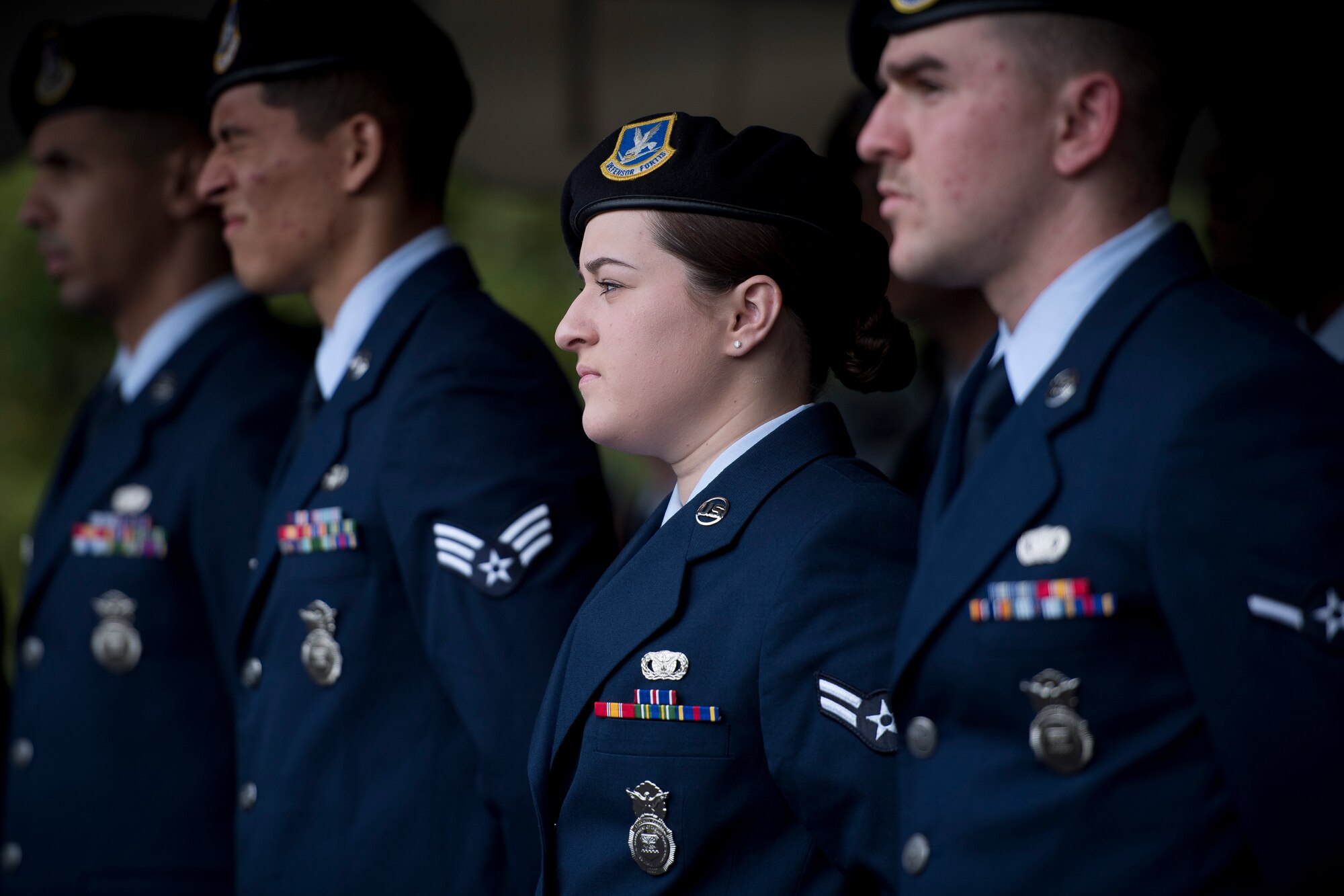 374th Security Forces Squadron members stand in formation during a memorial retreat ceremony for fallen law enforcement members, May 18, 2017, at Yokota Air Base, Japan. The memorial service included a ceremony recalling the names of U.S. Air Force Security Forces members who died in the line of duty since Operation Enduring Freedom. (U.S. Air Force photo by Airman 1st Class Donald Hudson)