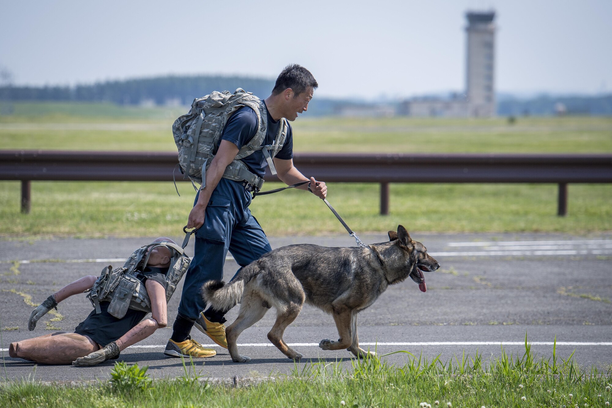 A Tokyo Metropolitan Police Department K-9 unit drags a training dummy during a Police Week K-9 Unit Ruck March competition, May 19, 2017, at Yokota Air Base, Japan. The Ruck March competition consisted of: a dog carry up five flights of stairs, scent detection challenge, low-crawl, barricade jumps, and dummy drag while carrying a 35 pound pack and running between each obstacle totaling five miles. (U.S. Air Force photo by Airman 1st Class Donald Hudson)