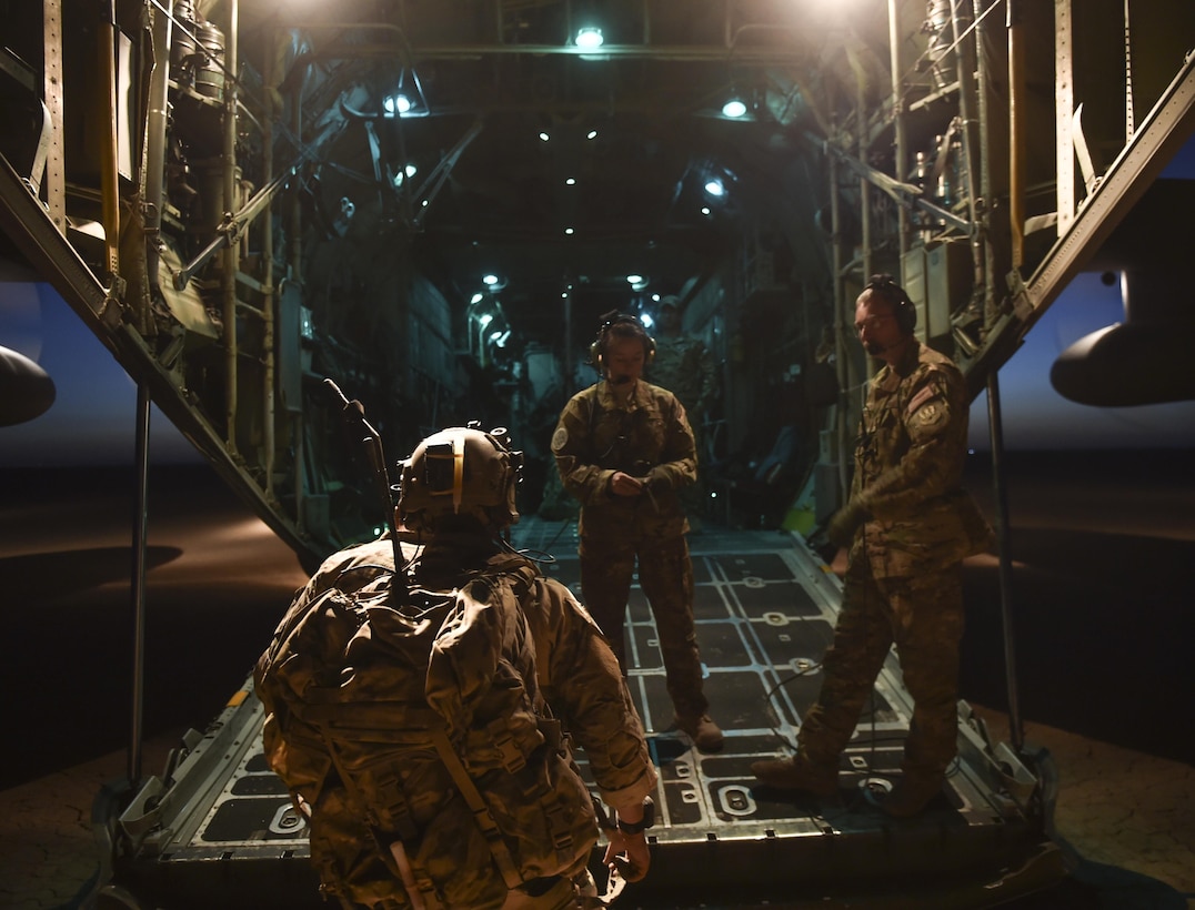 A U.S. Air Force Special Tactics Airman with the 24th Special Operations Wing boards an Ohio Air National Guard C-130H Hercules from the 127th Airlift Wing following a desert landing in a dry lake bed during Eager Lion May 16, 2017, in Jordan. Special Tactics teams can assess, open, and control major airfields to clandestine dirt strips in either permissive or hostile locations, providing strategic access for U.S. or allied partners. (U.S. Air Force photo by Senior Airman Ryan Conroy)