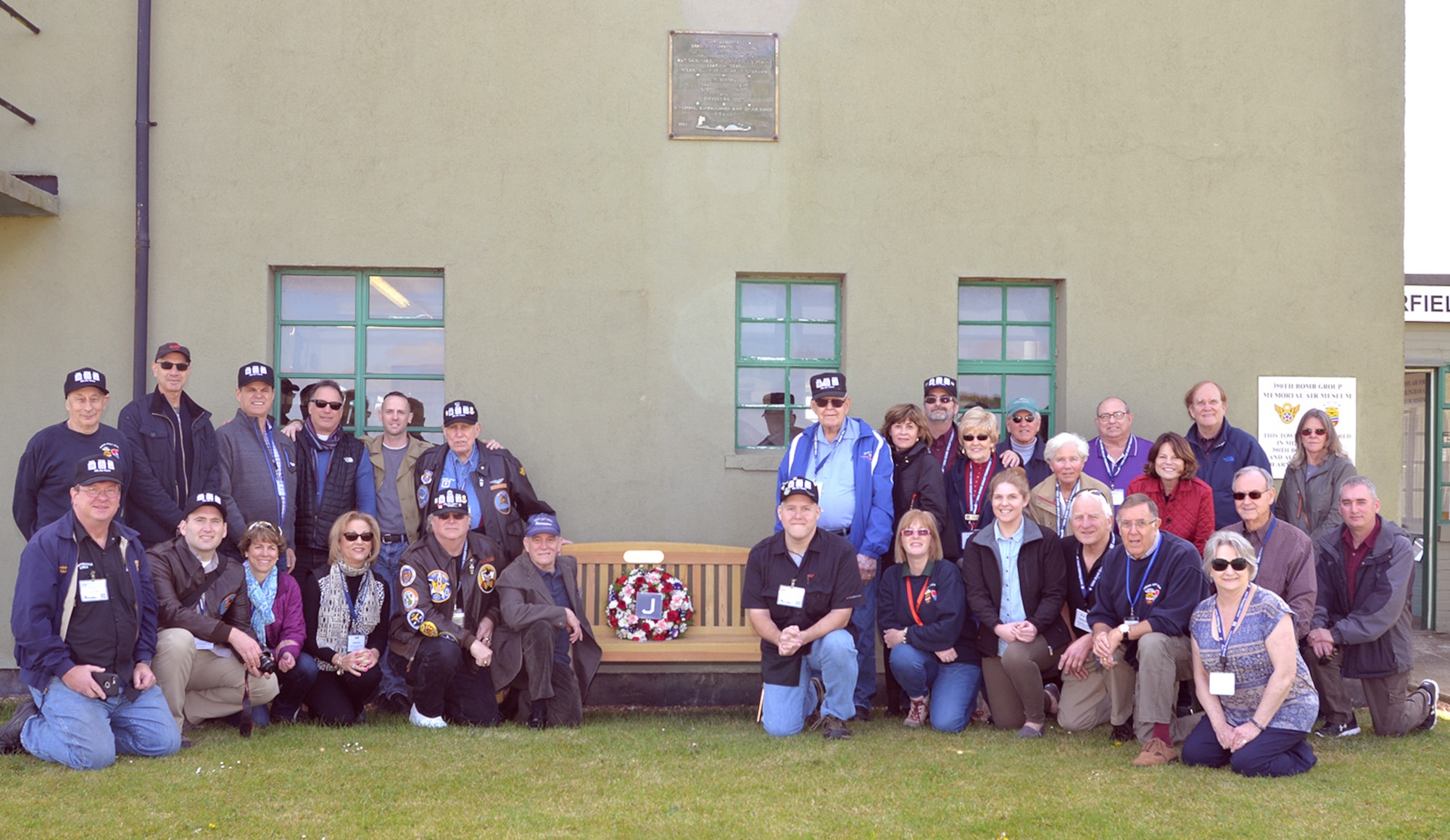 Members of the 100th Bomb Group Foundation, 100th BG veterans and their families, are joined by Airmen from the 100th Air Refueling Wing as they pose for a photograph May 10, 2017, at Parham Airfield Museum, England. The group visited RAF Mildenhall and toured former World War II bases around East Anglia including Thorpe Abbots (home of the 100th Bomb Group), Horham and Rattlesden. (U.S. Air Force photo by Karen Abeyasekere)