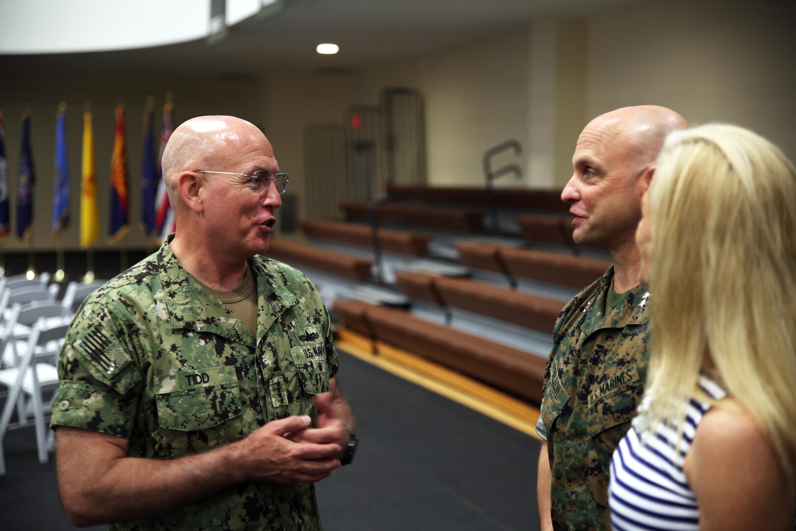 U.S. Navy Adm. Kurt W. Tidd, the commander of U.S. Southern Command, speaks to Maj. Gen. David G. Bellon, the new commander of U.S. Marine Corps Forces, South, and his wife following the unit's change of command ceremony in Doral, Florida, May 22, 2017. Brig. Gen. Kevin M. Iiams relinquished command of MARFORSOUTH to Bellon after serving as the commander since January 2016. (U.S. Marine Corps photo by Gunnery Sgt. Zachary Dyer)