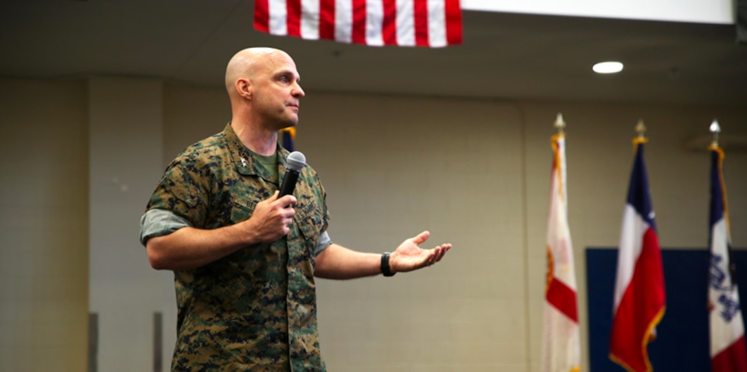 Maj. Gen. David G. Bellon, the incoming commander for U.S. Marine Corps Forces, South, speaks during the unit's change of command ceremony in Doral, Florida, May 22, 2017. Brig. Gen. Kevin M. Iiams relinquished command of MARFORSOUTH to Bellon after serving as the commander since January 2016. (U.S. Marine Corps photo by Gunnery Sgt. Zachary Dyer) 
