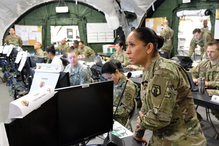 Maj. Maritza Garriga gives a briefing Monday, May 15, 2017 during the 7th Mission Support Command's Command Post Exercise at Panzer Kaserne in Kaiserslautern. 