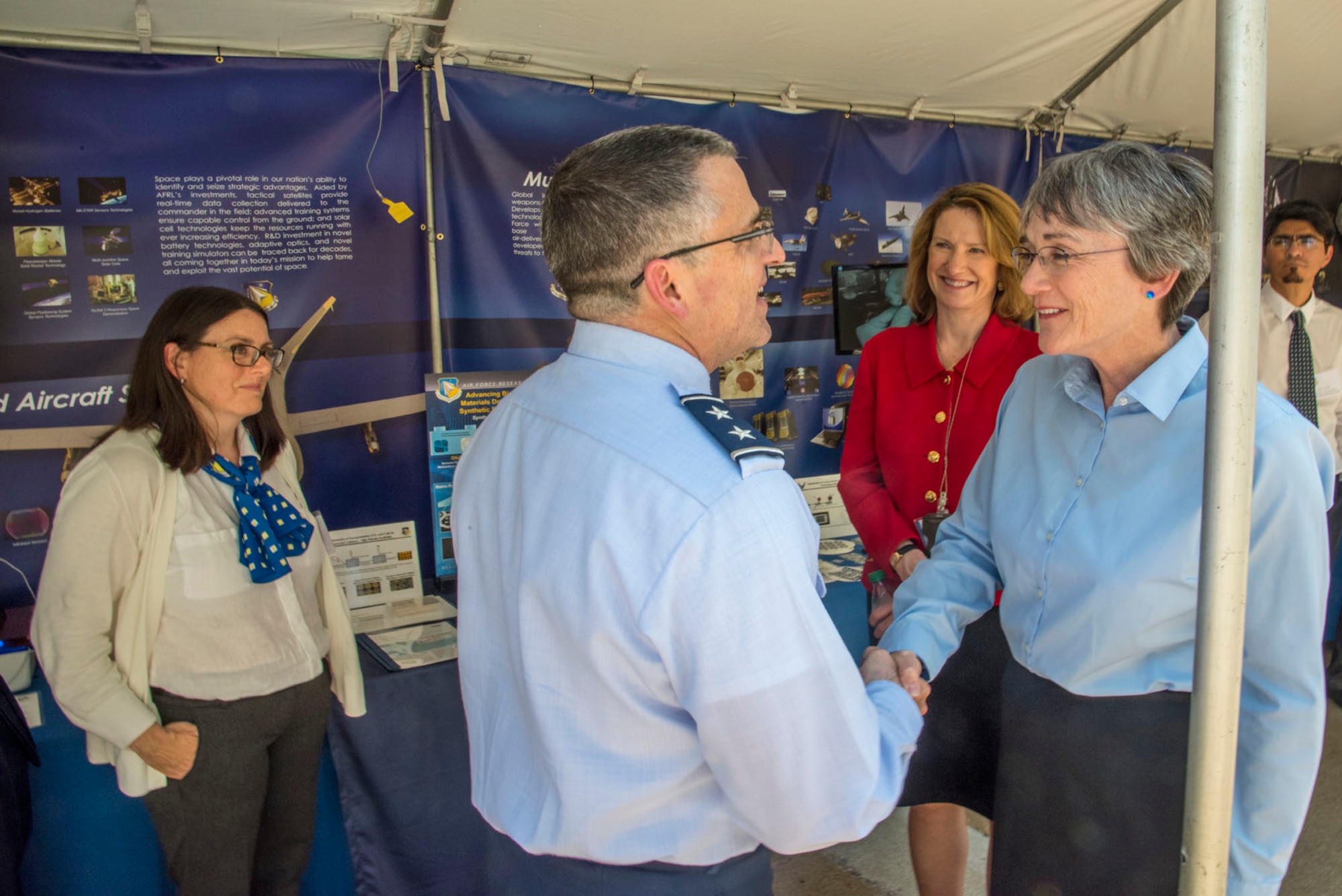 Maj. Gen. William T. Cooley, commander of the Air Force
Research Laboratory, welcomes  Secretary of the Air Force Heather A. Wilson to the Air Force exhibit area during the
2nd biennial DoD Lab Day at the Pentagon center courtyard May 18, 2017. (U.S. Air Force photo/Mikee Huber)

