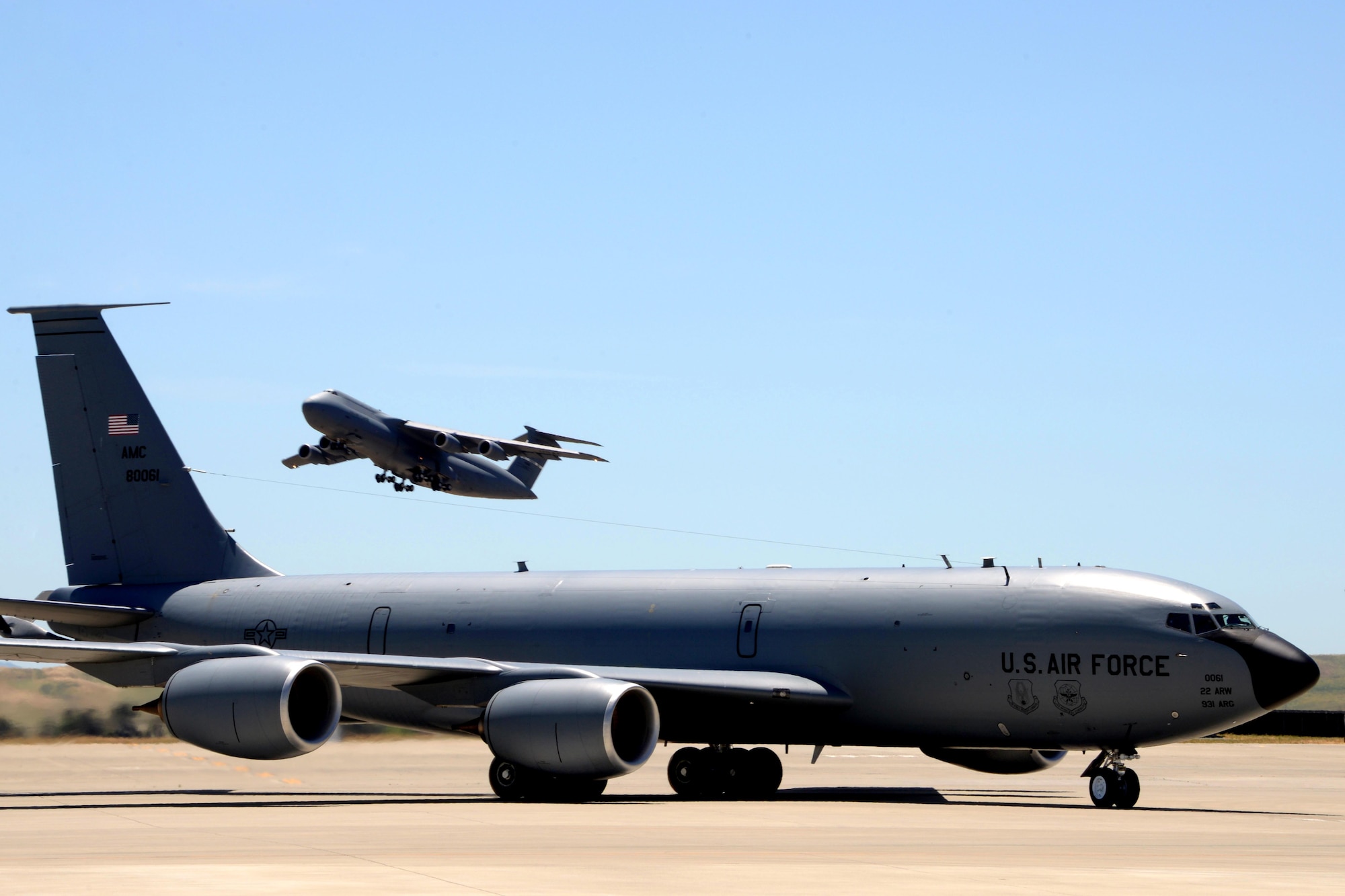 A KC-135 Stratotanker assigned to the 22nd Air Refueling Wing at McConnell Air Force Base, Kan., taxis to a parking spot May 18, 2017, at Travis AFB, Calif. The KC-135 was part of a group of eight aircraft that flew to Travis to avoid extreme weather in the Midwest. (U.S. Air Force photo/Tech. Sgt. James Hodgman)