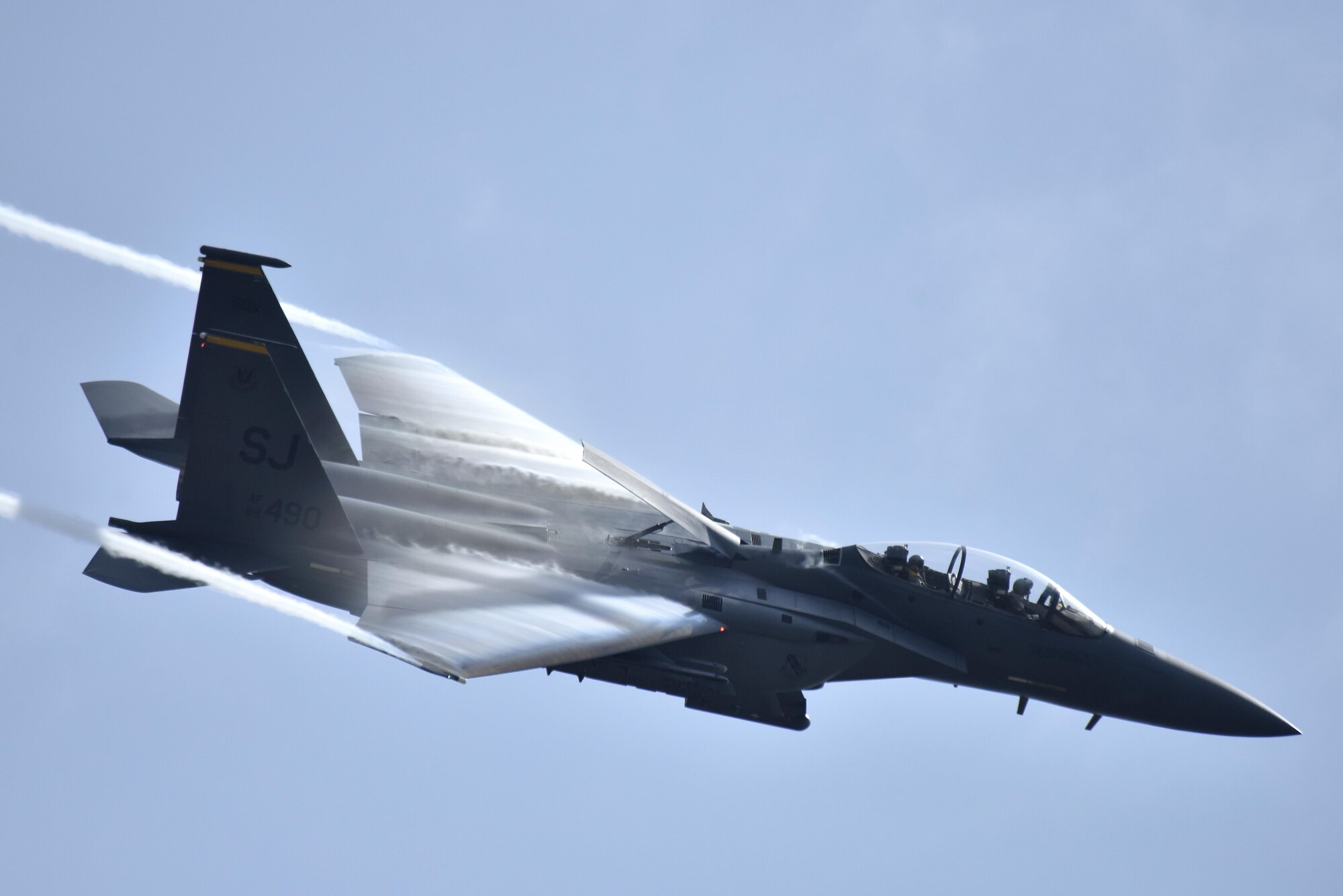 An F-15E Strike Eagle streaks through the sky while performing for those in attendance during the Wings Over Wayne Air Show, May 21, 2017, at Seymour Johnson Air Force Base, N.C. (U.S. Air Force photo/Airman 1st Class Christopher Maldonado)