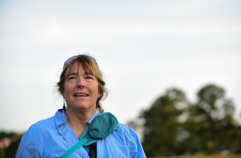 Karen Terwilliger, a local environmental expert, looks out to brackish water shores ideal for Diamondback Terrapin Turtle reproduction at Joint Base Langley-Eustis, Va., May 10, 2017. Langley Air Force Base has restored 3,000 linear feet of its shoreline and plans to restore an additional 329 feet this year, providing natural flood prevention, and an added benefit of more area for the turtles to lay eggs. (U.S. Air Force photo by Staff Sgt. Natasha Stannard)