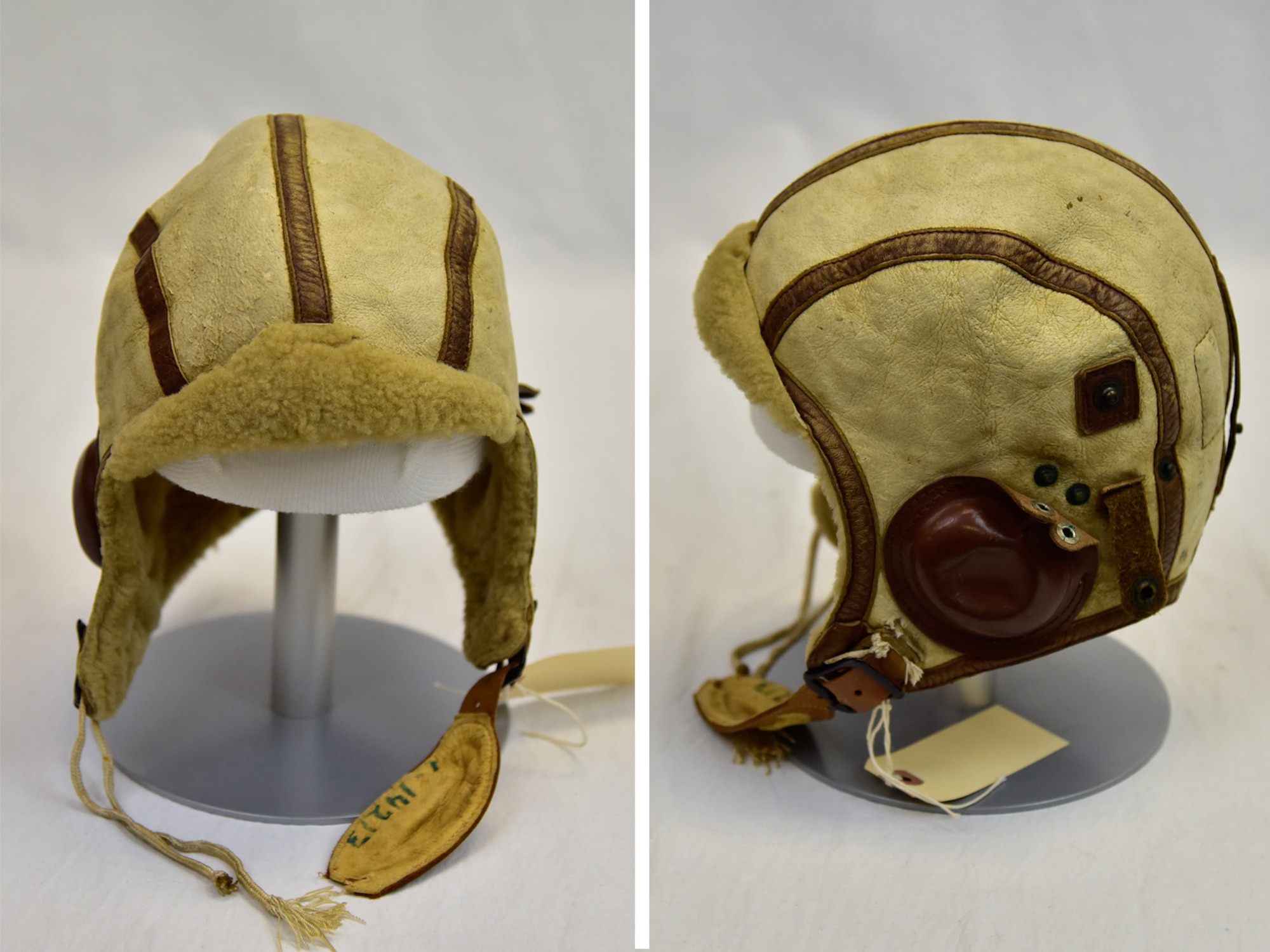 National Museum of the USAF-Plans call for this early B-5 flight helmet to be displayed near the Memphis Belle™ as part of the new strategic bombardment exhibit in the WWII Gallery, which opens to the public on May 17, 2018. Some of the Eighth Air Force bomber crewmen wore these in 1942 and early 1943. (U.S. Air Force photo by Ken LaRock)