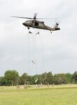 Army and Air National Guardsmen from all over the nation rappel out of UH-60 Black Hawk helicopters on May 18, 2017, one of the culminating events before completing Air Assault school held at the Oklahoma National Guard’s premier training area, Camp Gruber Training Center, near Braggs, Oklahoma. 
