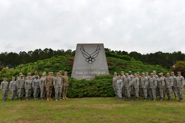 Team Shaw master sergeant selectees stand for a photo at Shaw Air Force Base, S.C., May 24, 2017. Out of the 5,166 promotees selected around the Air Force, 63 are from Shaw. (U.S. Air Force photo by Airman 1st Class Christopher Maldonado)