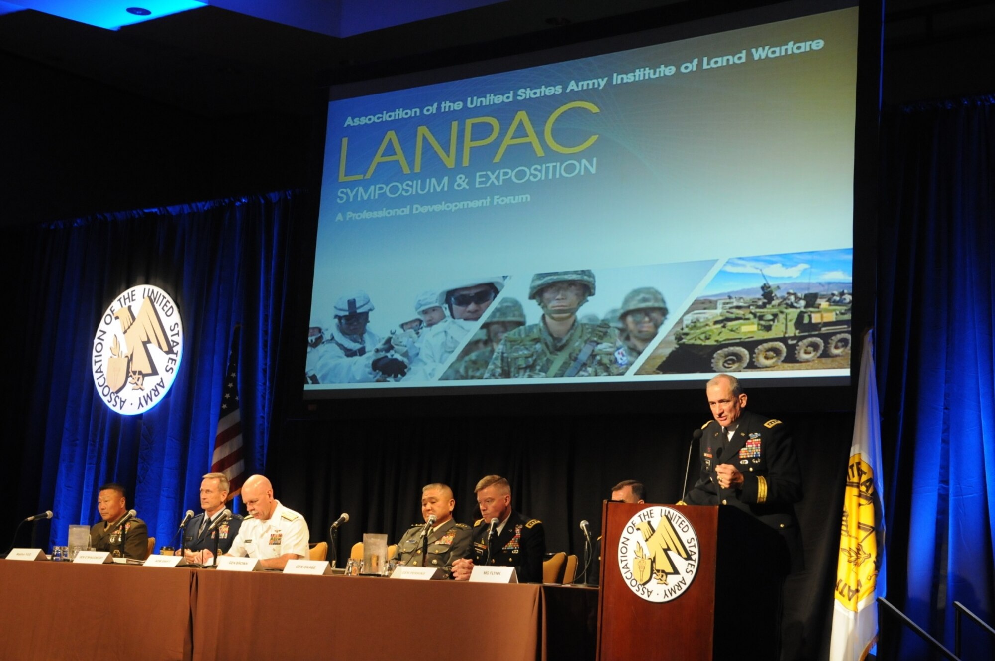 Gen. Robert B. Brown (right), Commanding General, U.S. Army Pacific, chaired the first of thirteen Land Forces of the Pacific/ LANPAC 2017 panels and forums that will discuss the readiness of land forces throughout the region, integration of those land forces into multiple domains, and the impact of people empowered by leadership and technology, May 23, 2017. 