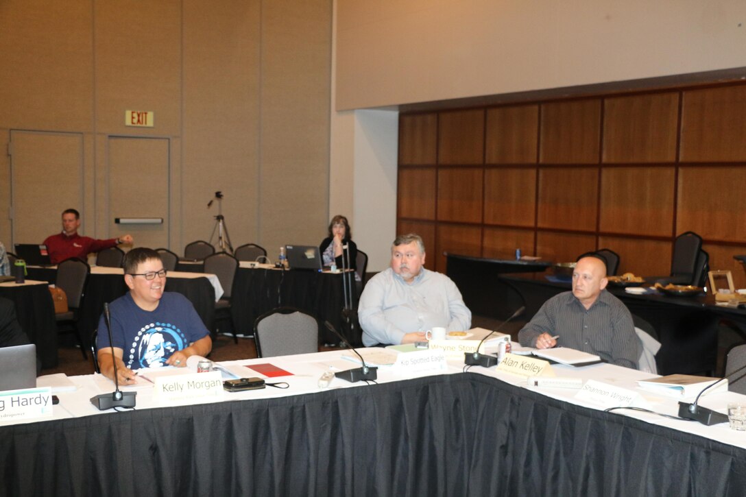 Tribal members of MRRIC participate in the first day of the May plenary session.  Pictured are Dr. Kelly Morgan, Standing Rock Sioux Tribe (left) and Alan Kelly, Iowa Tribe of Kansas and Nebraska (right).  Also pictured is Wayne Stone, Bureau of Indian Affairs (center).
