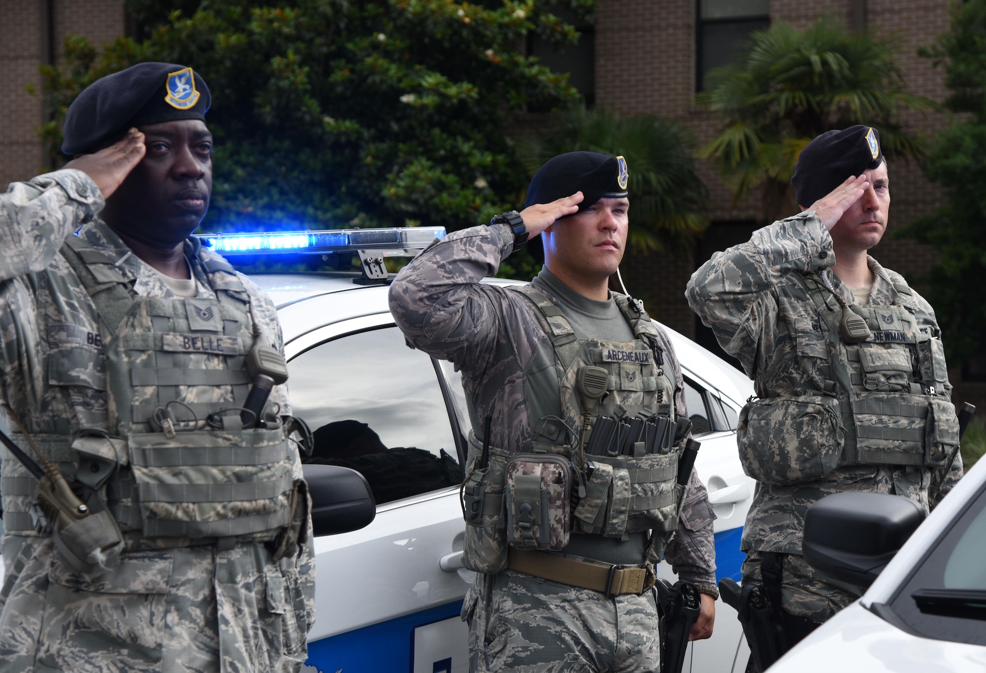 Members of the 81st Security Forces Squadron render a salute during the 81st SFS retreat ceremony May 18, 2017, on Keesler Air Force Base, Miss. The event was held during National Police Week, which recognizes the service of law enforcement men and women who put their lives at risk every day. (U.S. Air Force photo by Kemberly Groue)