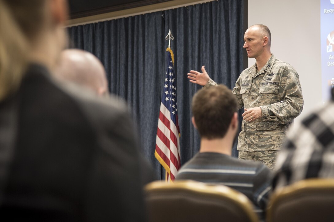 Col. Ryan Samuelson, 92nd Air Refueling Wing commander, speaks to local Individual Readiness Reserve members about the roles of the IRR program May 20, 2017, at Fairchild Air Force Base, Washington. IRR members received face-to-face interaction with medical and personnel agencies to ensure their most current information is on record. (U.S. Air Force photo/Tech. Sgt. Travis Edwards)