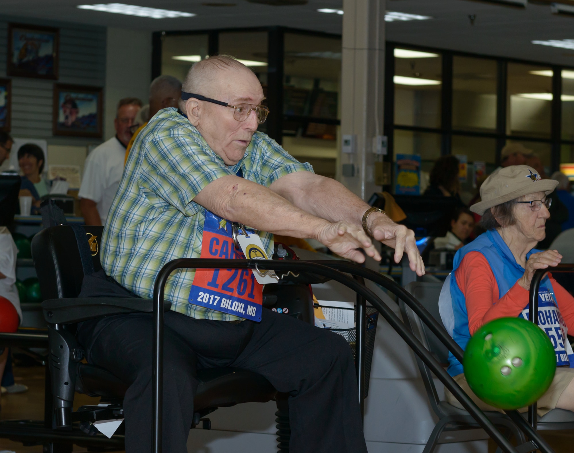 Raymond Carlson, Iowa-region bowler, bowls during the National Veterans Golden Age Games (NVGAG) at Gaudé Lanes May 10, 2017, on Keesler Air Force Base, Miss. This is Keesler’s first time hosting a sporting event for the NVGAG, an adaptive rehabilitation program sponsored by the U.S. Department of Veterans Affairs, in their 31-year history. (U.S. Air Force photo by Andre' Askew)          