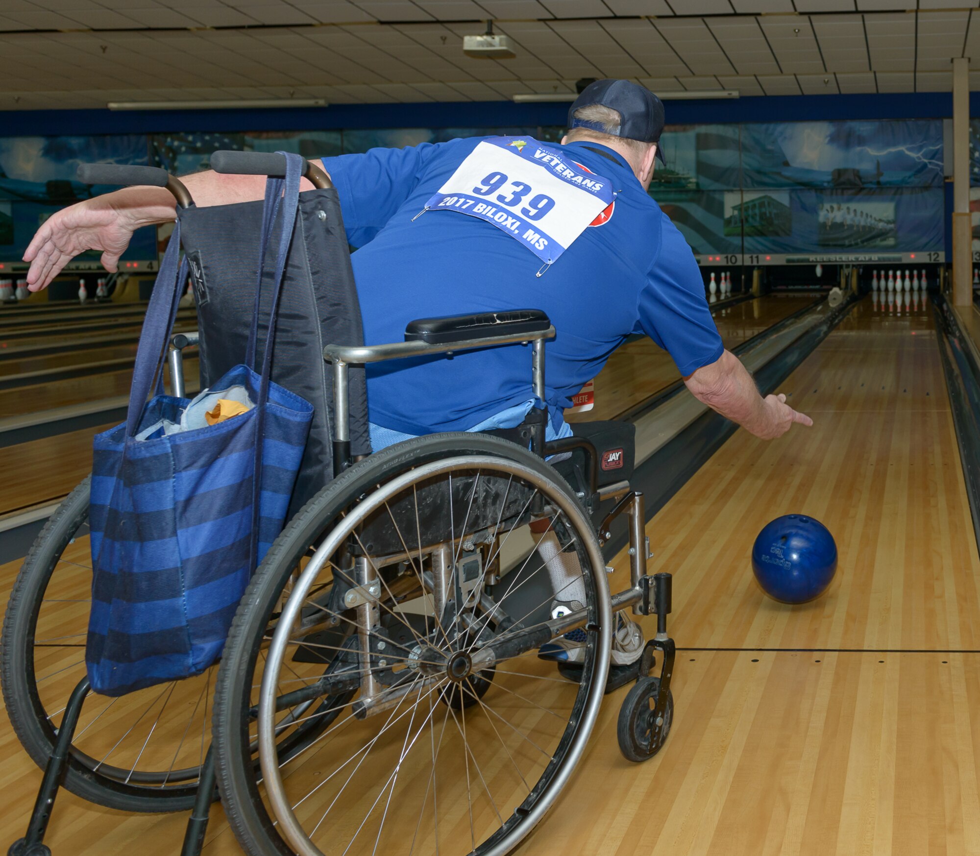 Jim Brown, Iowa-region bowler, bowls during the National Veterans Golden Age Games (NVGAG) at Gaudé Lanes May 10, 2017, on Keesler Air Force Base, Miss. This is Keesler’s first time hosting a sporting event for the NVGAG, an adaptive rehabilitation program sponsored by the U.S. Department of Veterans Affairs, in their 31-year history. (U.S. Air Force photo by Andre' Askew)     

