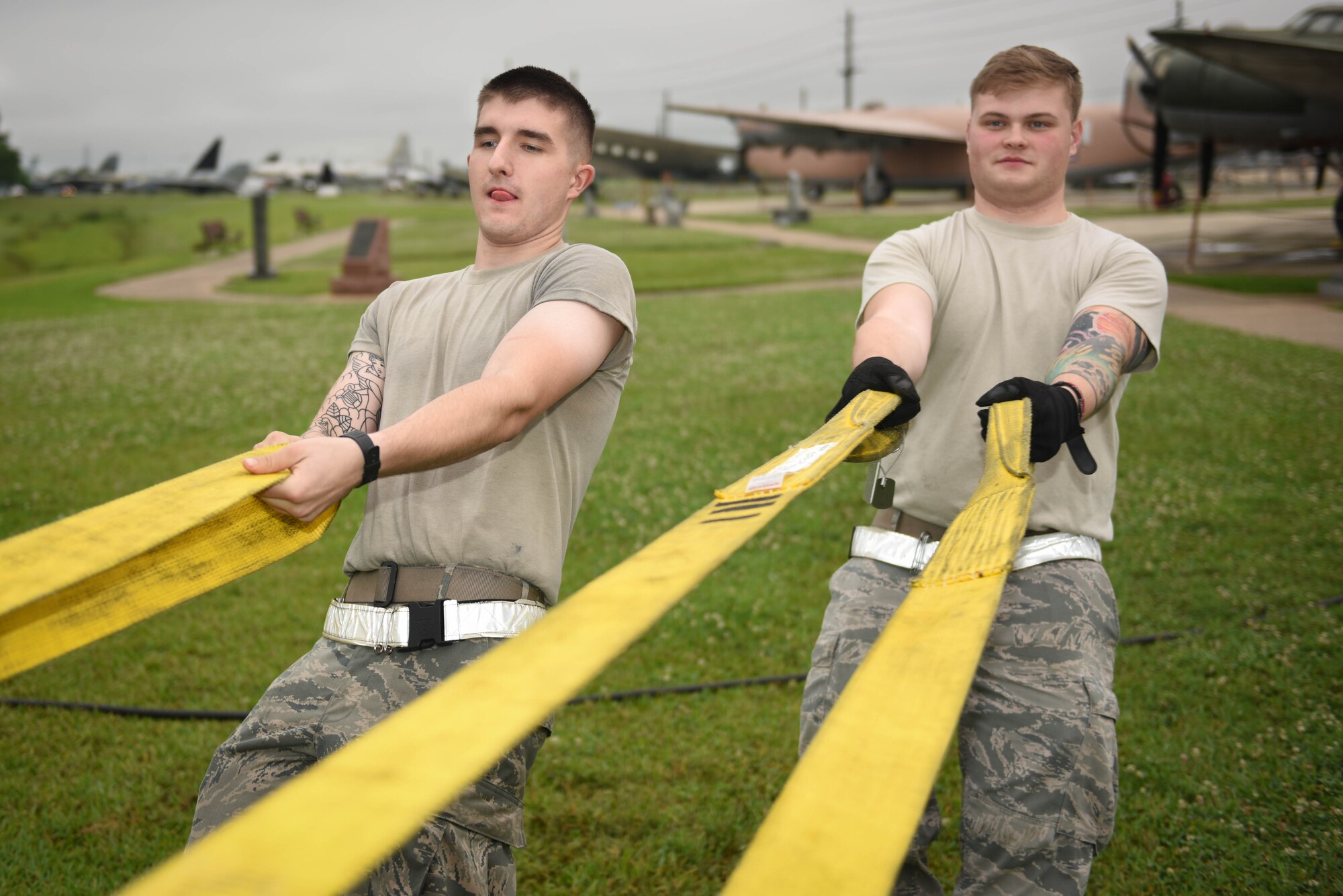 Airman 1st Class Daniel Munday and Kyle Thomsen, 2nd Maintenance Squadron repair and reclamation section journeymen, help strap down a static SR-71 Blackbird at the Global Air Power Museum at Barksdale Air Force Base, La., May 23, 2017. The lift gave 2nd Maintenance Group Airmen who needed the necessary training to stay qualified to conduct aircraft lifts. (U.S. Air Force photo/Airman 1st Class Stuart Bright)