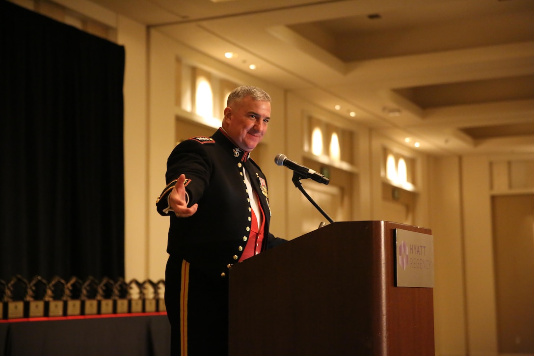 The Assistant Commandant of the Marine Corps Gen. Glenn Walters addresses the audience as the guest speaker of the Marine Corps Aviation Association’s 46th Annual Symposium and Awards Banquet at the Hyatt Regency Hotel in La Jolla, Calif., May 19. The MCAA awards program was founded in 1962 and since then has recognized excellence in Marine aviation through education, activities, media, events and its awards program. 3rd Marine Aircraft Wing received six individual awards and three squadron awards. (U.S. Marine Corps photo by Cpl. Harley Robinson/Released)