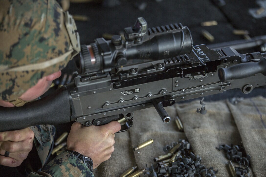 Sgt. Bryan Stiles calibrates the sights on his M240G machine gun, May 15, 2017, during the Australian Army Skills at Arms Meeting, in Puckapunyal, Australia. Service members from 20 countries have the opportunity to compete with a variety of weapons, including the pistol, rifle and machine gun, during the competition. Stiles, a native of Enola, Pennsylvania, is a machine gunner with 3rd Battalion, 4th Marine Regiment. The battalion is currently deployed to Australia in support of Marine Rotational Force Darwin. (U.S. Marine Corps photo by Lance Cpl. Bernadette Wildes)