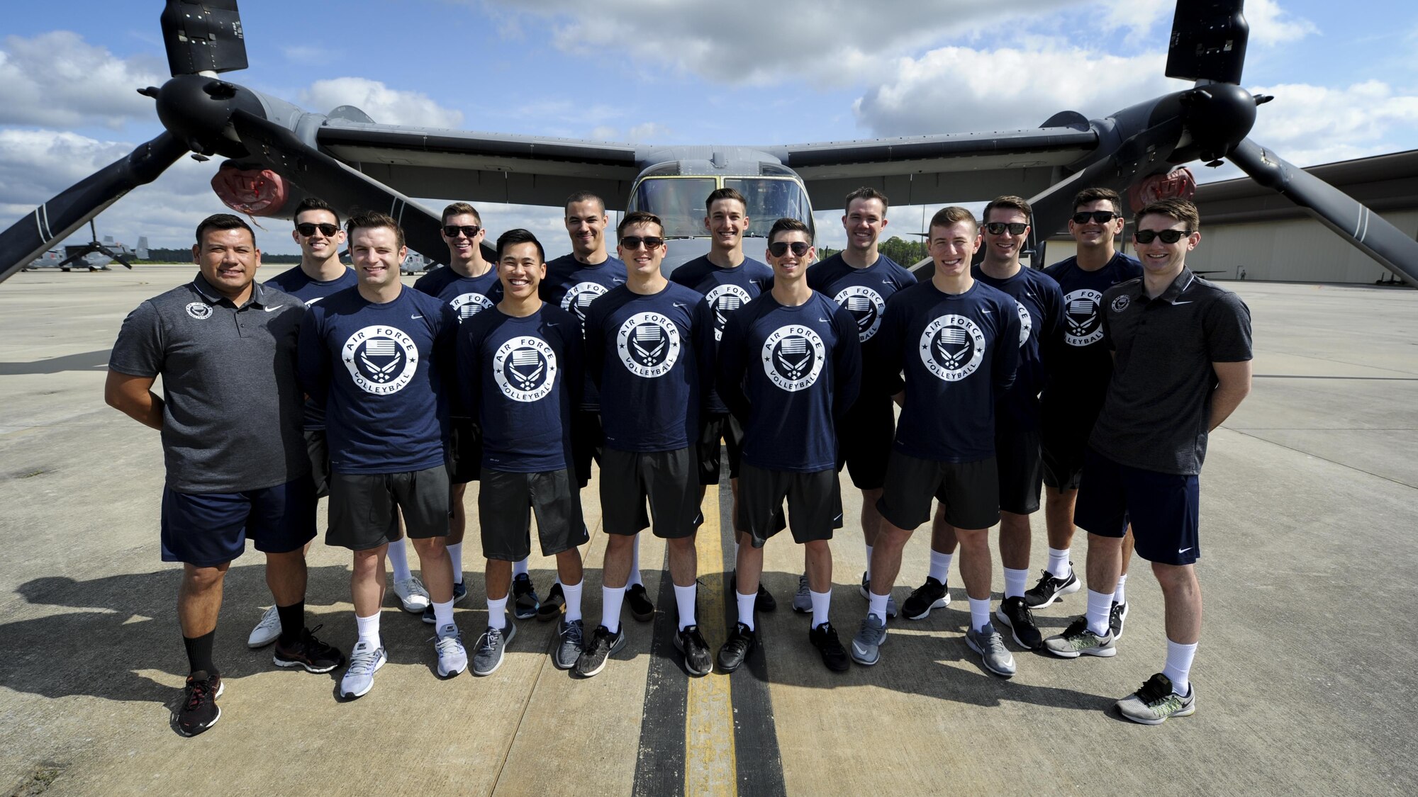 Capt. Justin Lukso 6th from the right, 22nd LRS deployment and distribution flight commander, and other members of the Air Force Armed Forces Volleyball Team pose for a photo May 5, 2017, at Hurlburt Field, Fla. (U.S. Air Force photo by Airman 1st Class Dennis Spain)