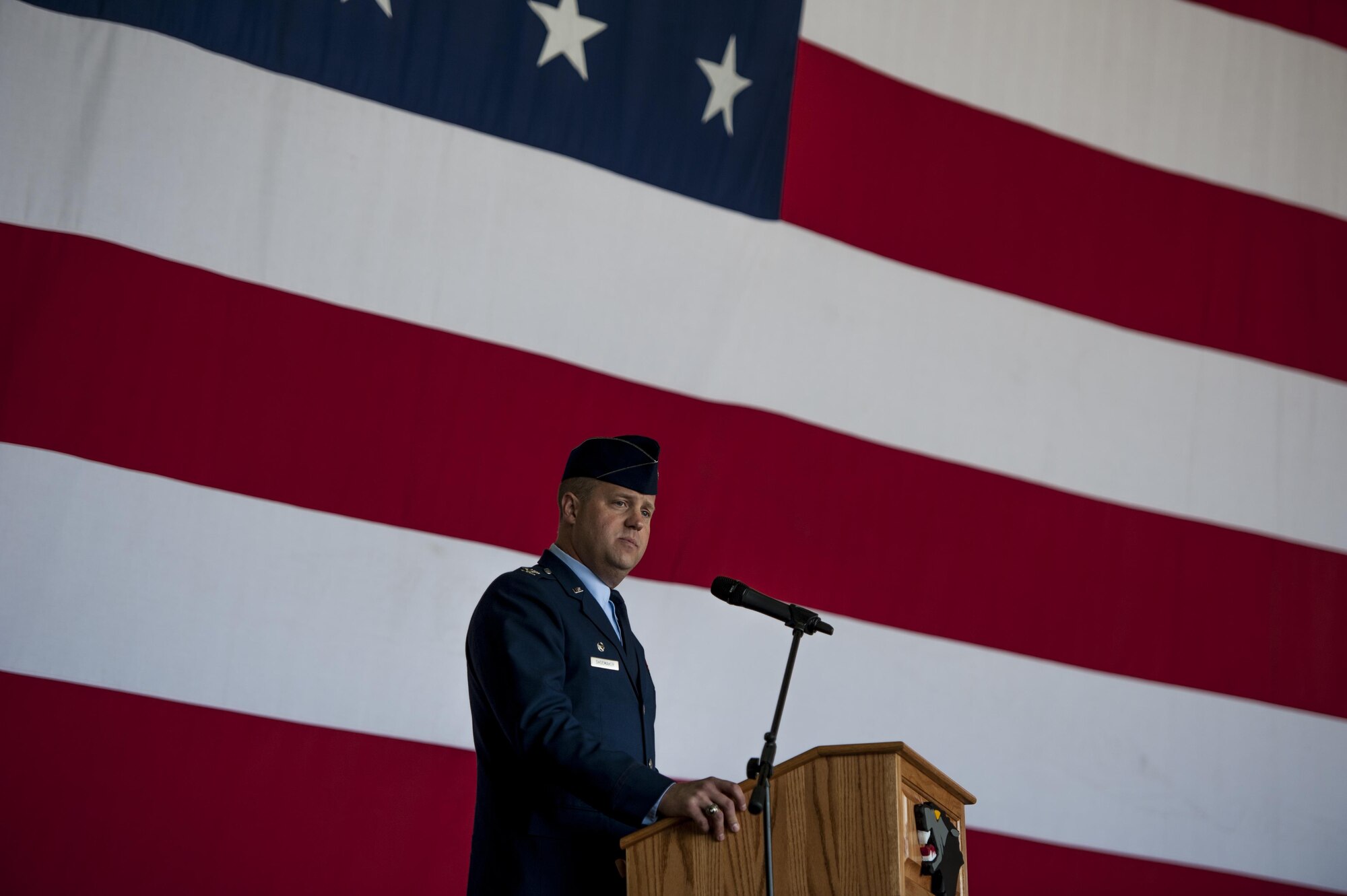 U.S. Air Force Col. David G. Shoemaker, 8th Fighter Wing commander, speaks during the change of command ceremony at Kunsan Air Base, Republic of Korea, May 25, 2017. The ceremony highlights the relinquishment of command from one commander to the next. (U.S. Air Force photo by Senior Airman Colville McFee/Released)