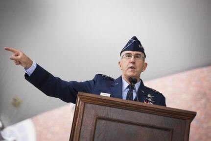 U.S. Air Force Gen. John Hyten, commander of U.S. Strategic Command (USSTRATCOM), provides leadership remarks to Army, Navy, Marine Corps, and Air Force Reserve Officers’ Training Corps (ROTC) cadets and midshipmen during their commissioning ceremony at Harvard University in Cambridge, Mass., May 24, 2017. ROTC is a college-based training program that commissions officers into all branches of the U.S. Armed Forces. One of nine Department of Defense unified combatant commands, USSTRATCOM has global strategic missions assigned through the Unified Command Plan that include strategic deterrence, space operations, cyberspace operations, joint electronic warfare, global strike, missile defense, intelligence, and analysis and targeting. (Photo by
Stephanie Mitchell/Harvard Staff Photographer)