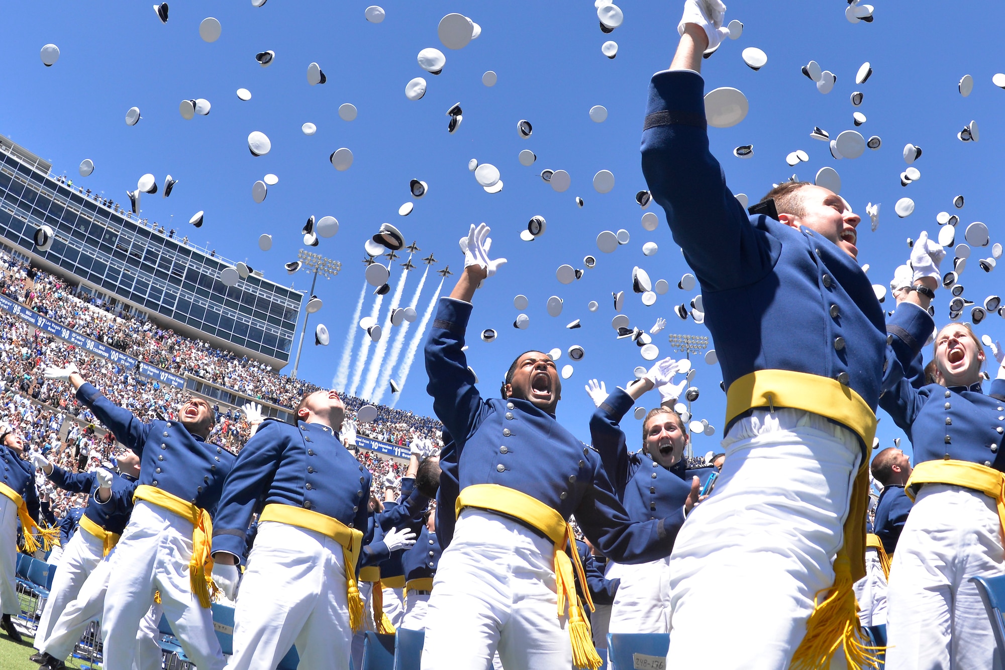 Newly-minted Air Force second lieutenant toss their hats in the air at the end of the Class of 2017 graduation ceremony, May 24, 2017, at the U.S. Air Force Academy (U.S. Air Force photo/Mike Kaplan)