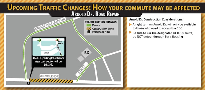The base undergoes road construction annually to ensure safety and prevent driving hazards. CMSgt Williams Drive and Arnold Drive will be receiving an upgrade throughout the next few months. (U.S. Air Force graphic by Crystal Abbot)