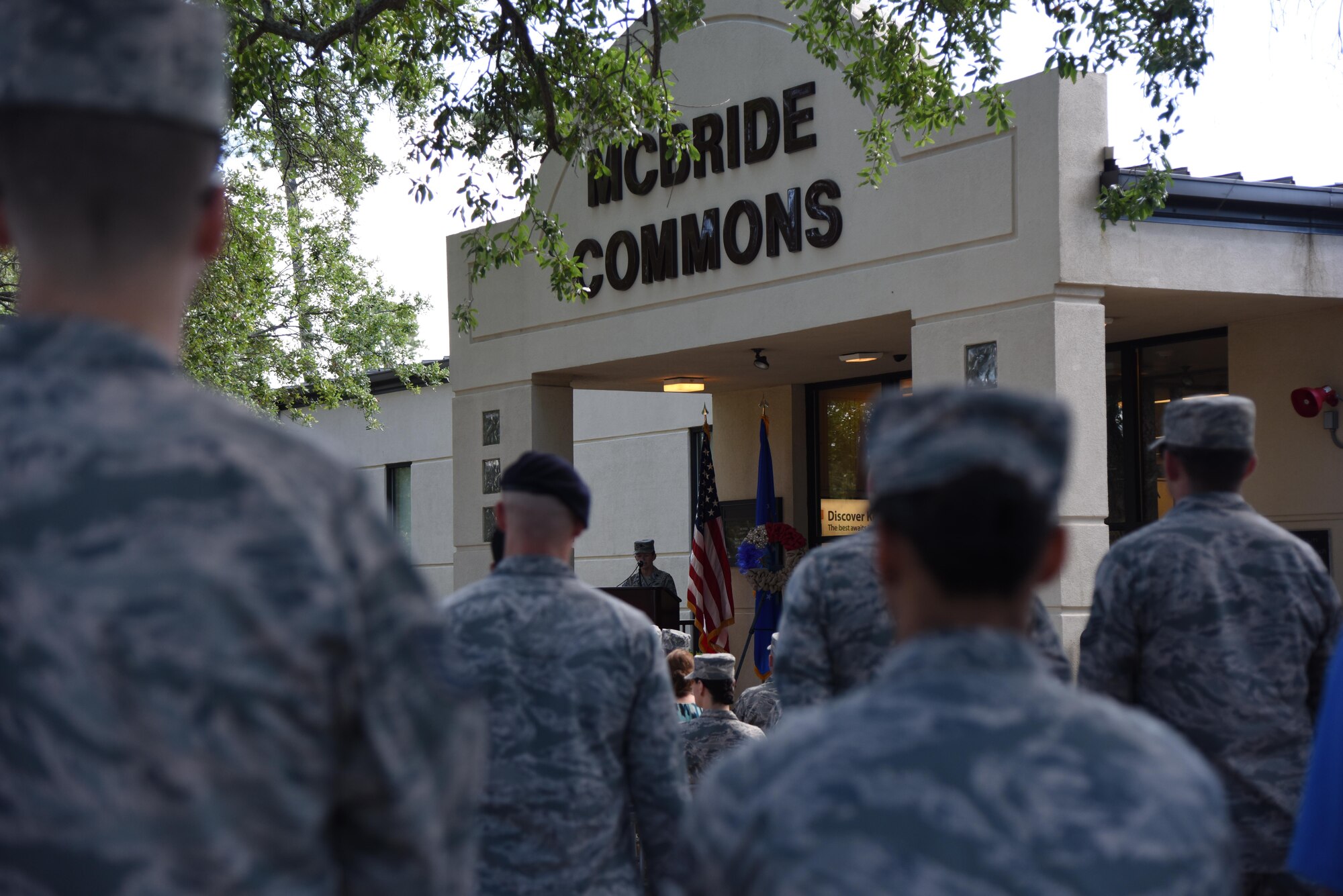 Lt. Col. Teresa King, 81st Force Support Squadron commander, delivers welcoming remarks during the McBride Commons Grand Opening ceremony May 16, 2017, on Keesler Air Force Base, Miss. The nine-month project transformed the former base library into a common area with a children’s library, computer stations, engraving, framing, marketing and print shops, and a full kitchen for those with base access. (U.S. Air Force photo by Kemberly Groue)