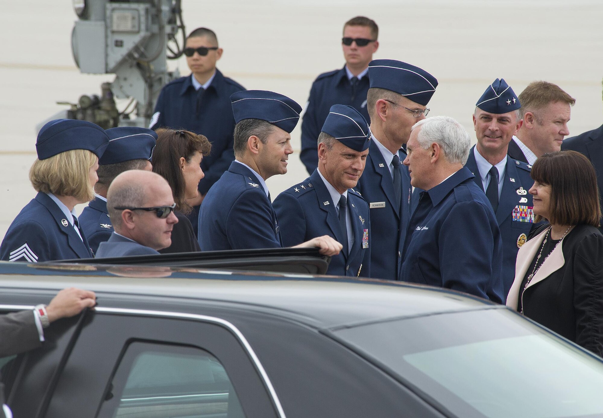Maj. Gen. Randall Ogden, 4th Air Force commander (center) and other Wright-Patterson Air Force Base leaders, greet Vice President Mike Pence and Second Lady Karen Pence upon their arrival at Wright-Patterson Air Force Base Saturday, May 20, 2017. The vice president was here to speak to approximately 250 Airmen on base to commemorate Armed Forces Day. (U.S. Air Force photo/R.J. Oriez)