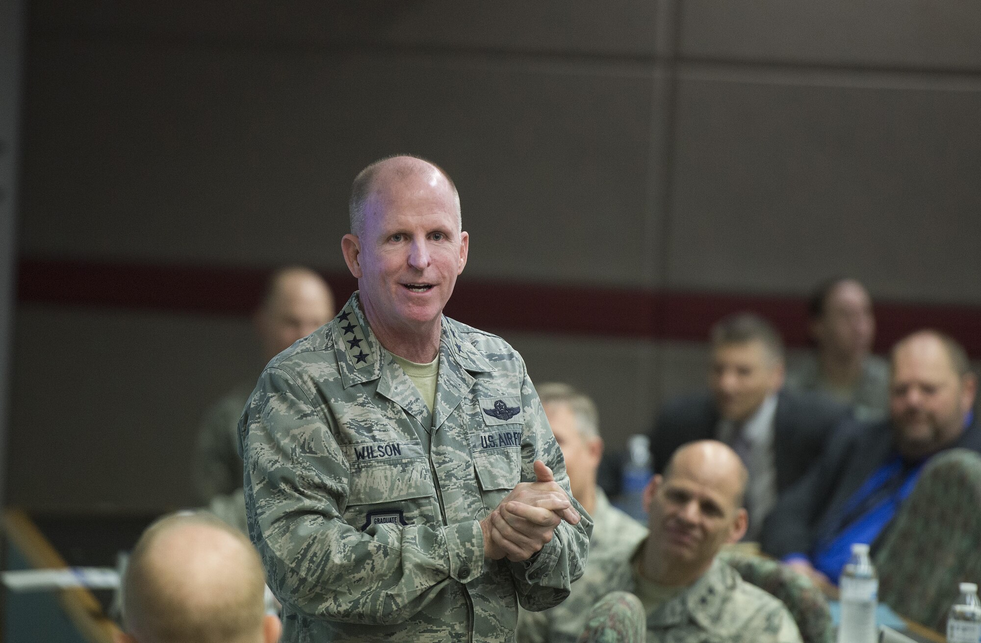 Gen. Stephen Wilson, Air Force vice chief of staff, speaks with members of the Air Force Life Cycle Management Center’s Intelligence, Surveillance and Reconnaissance and Special Operations Forces Directorate, May 10, 2017, at Wright-Patterson Air Force Base, Ohio. Wilson was briefed on new equipment being developed for Battlefield Airmen. (U.S. Air Force photo by R.J. Oriez)