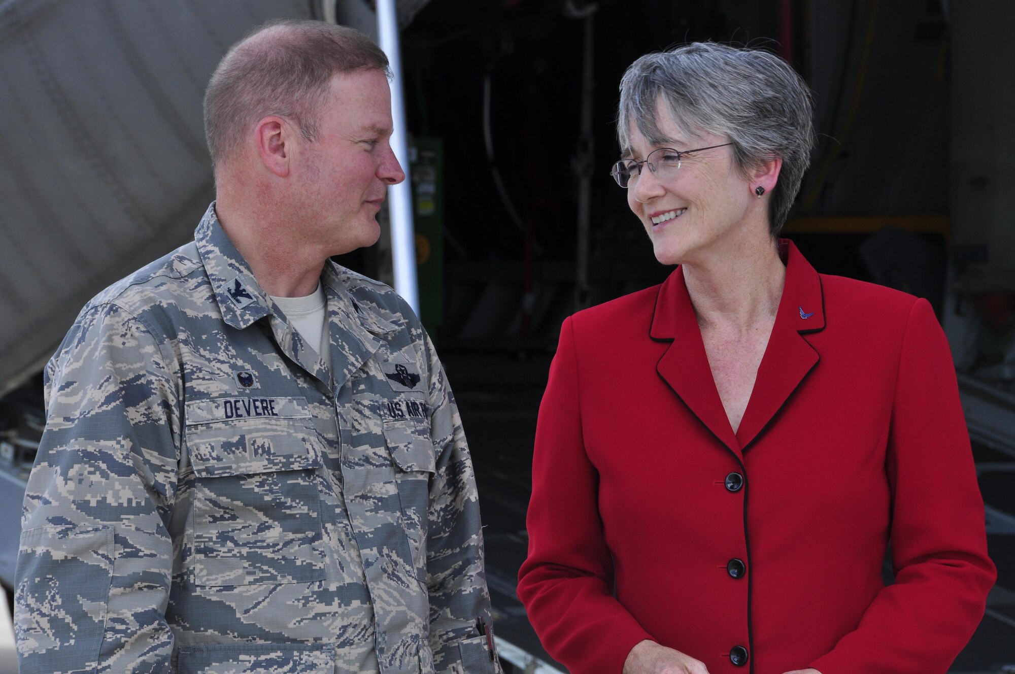 Col. James DeVere, 302nd Airlift Wing commander, talks with Secretary of the Air Force Heather Wilson on the Peterson Air Force Base, Colo. flightline during her visit, May 22, 2017.  DeVere briefed Wilson on several of the Reserve wing’s missions before the secretary had the opportunity to view up-close a portable U.S. Forest Service Modular Airborne Fire Fighting System used during 302nd AW C-130 MAFFS missions and meet with Reserve Citizen Airmen from the wing’s 34th Aeromedical Evacuation Squadron, 302nd Security Forces Squadron and 302nd Operations Group. Peterson AFB was the first official base visit for Wilson as Secretary of the Air Force. (U.S. Air Force photo/Staff Sgt. Frank Casciotta)